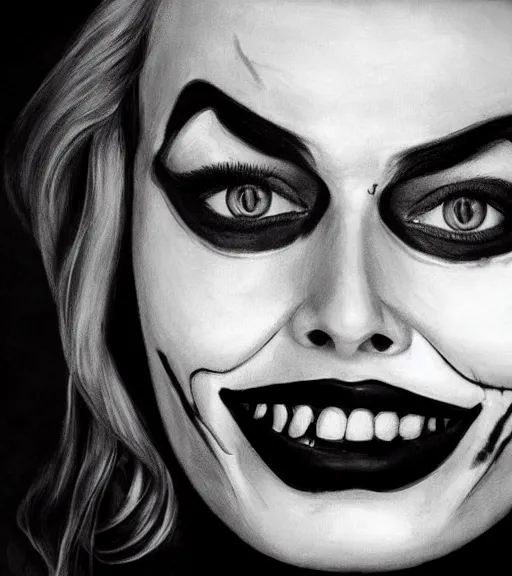 Image similar to margot robbie smiling portrait with joker makeup, black and white realism drawing, realistic face, beautiful eyes, highly detailed