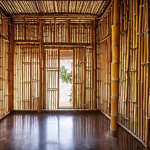 Image similar to interior of a bamboo palace, architectural photography