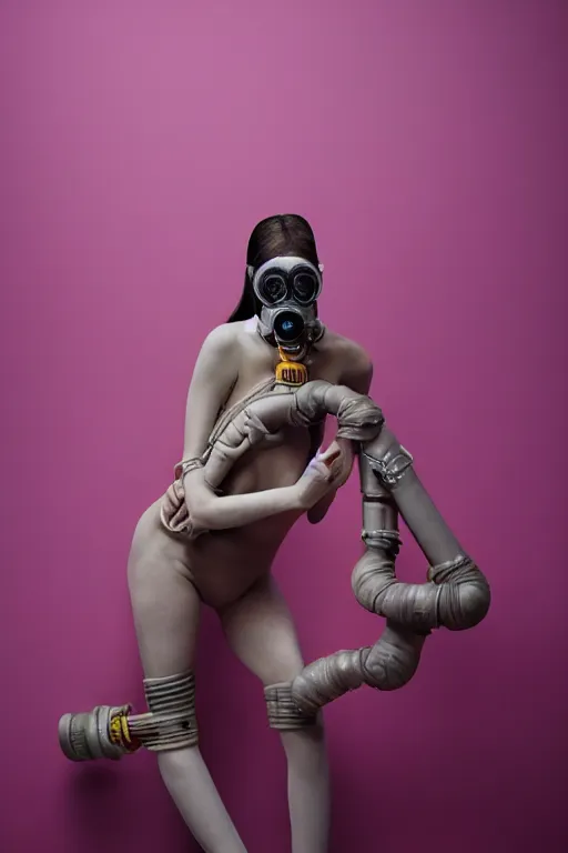 Image similar to a surreal portrait intertwined and contorted figures wearing gas mask next to a pink wall in the style of brooke didonato, editorial fashion photography from vogue magazine, full shot, nikon d 8 1 0, ƒ / 2. 5, focal length : 8 5. 0 mm, exposure time : 1 / 8 0 0, iso : 2 0 0