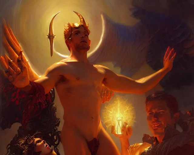 Image similar to attractive male deity, casting demonic magic, summoning handsome lucifer morning star. highly detailed painting by gaston bussiere, craig mullins, j. c. leyendecker 8 k