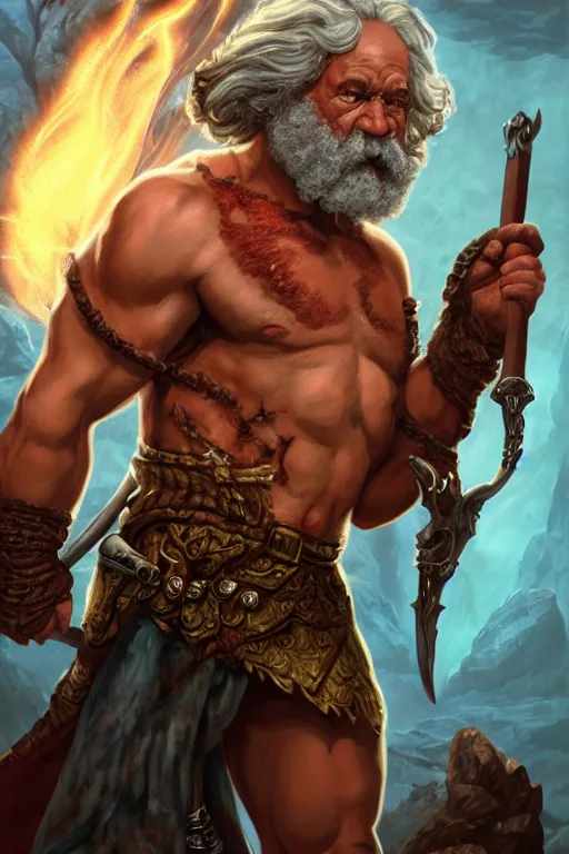 Image similar to character portrait of karl marx as a buff wild magic barbarian with a tattoo of an eye on the forehead, dungeons and dragons cover artwork, dynamic composition, dramatic lighting, trending on artstation, award winning art, stylized painting by sophie anderson, wayne barlowe, richard corben, concept art, 4 k, 8 k, gold and teal color scheme