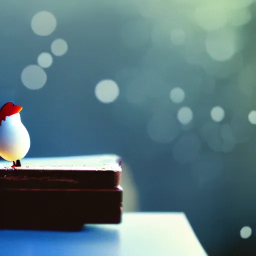 Prompt: a snow white frosty sparrow standing on the desk, miyazaki style, studio ghibli, color aberration, soft focus, beautiful photo, 4 k, kodak, grain, ultra realistic, museum photo