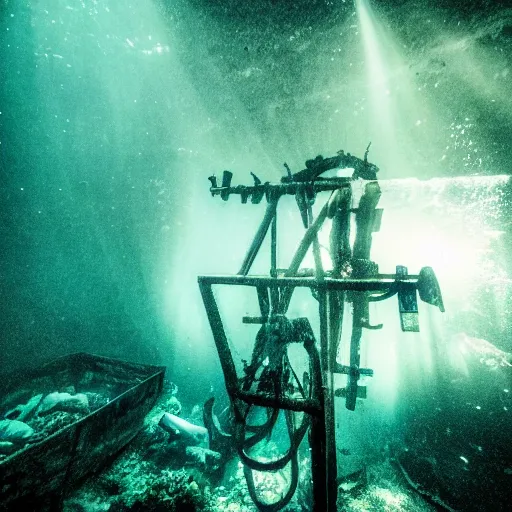 Image similar to abandoned theme park animatronic underwater, underwater photograph, dark, scary lighting, eerie, surreal, submechanophobia,