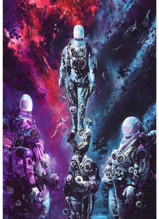 Prompt: astronauts in dark void underwater - complex and hyperdetailed technical suit design. reflection and dispersion materials. rays and dispersion of light. volumetric light. f / 3 2. noise film photo. flash photography. ultra realistic, 5 0 mm. poster by wayne barlowe, hajime sorayama aaron horkey, craig mullins