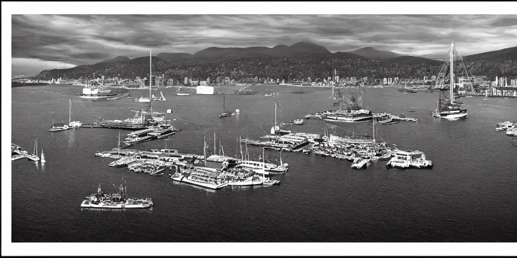 Prompt: cinematic photograph of the victoria harbor in british columbia, orwellian, ultra realistic, intricate, digital painting, ambient, by felicie haymoz and jamie hewlett, industrial art style, 3 5 mm film grain, artstation