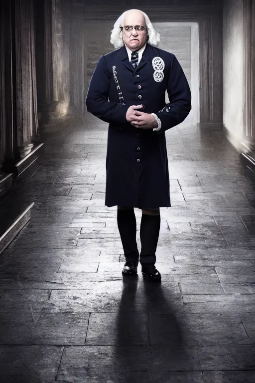Prompt: benjamin franklin wearing a security guard uniform in game of thrones. dslr, 5 0 mm, f / 2. 8, studio lighting