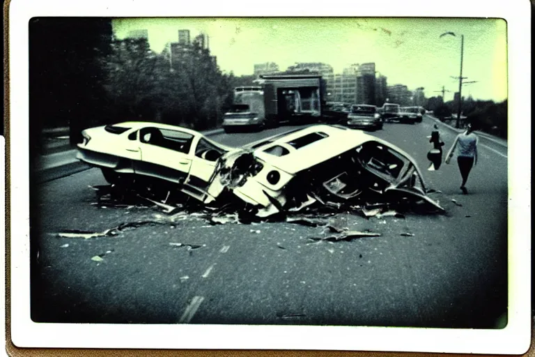 Image similar to old polaroid of a retro futurist car crash, people on the road