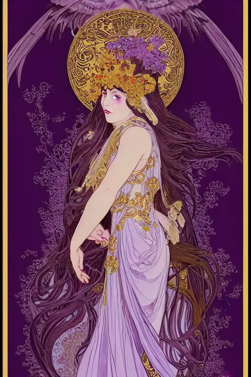 Image similar to thanatos, god of peaceful death, closed eyes, long hair, wearing ornate silk and lace clothes, gold jewelry, moon, purple feathers, by Alphonse Mucha, by artgerm, rule of thirds, super detailed, 8k