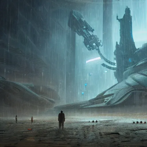 Prompt: scene from bladerunner 2 0 4 9 movie, hr giger artlilery spaceship lands in an alien landscape, filigree ornaments, volumetric lights, ian mcque, beksinski