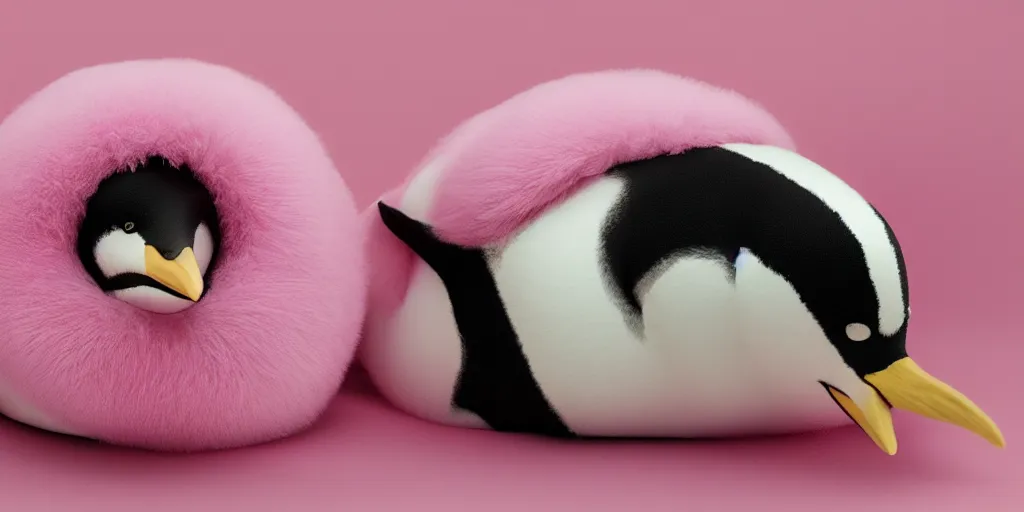 Image similar to realistic penguin sitting in a pink fluffy bed, hyper detailed, trending on artstation