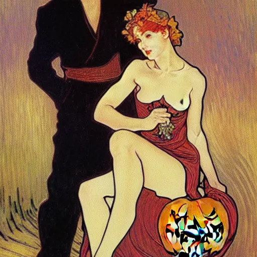 Image similar to painting of handsome young beautiful jeff and gorgeous rina together at the jack o'lantern halloween party, elegant, soft features, delicate facial features, clear, painting, stylized, art, art by alphonse mucha, vincent van gogh, egon schiele,