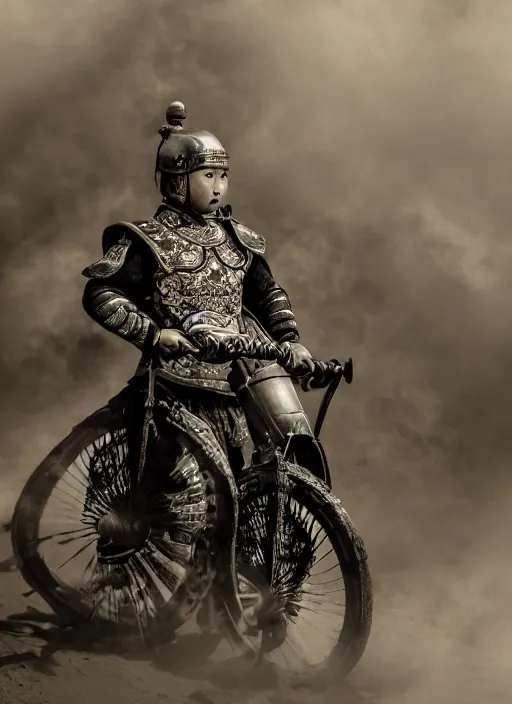 Prompt: old vintage photo of Chinese ancient warriors on the steam punk one wheels, extreme sports photography , dynamic photography, high speed,dirt and grawel flying in the spot, lens flares, dust in the air, moody lighting, intricate, elegant, highly detailed, centered, smooth, sharp focus, sports photography, old photo, black and white, sepia, cinematic lighting, cinematic angle, national geographic