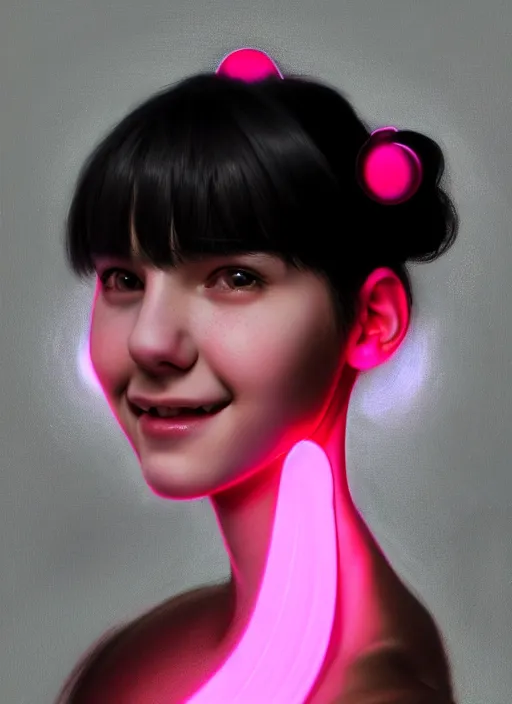 Image similar to portrait of teenage girl, narrow face, black hair, bangs, half updo hairstyle, skinny, smile, unattractive, defined jawline, big chin, wearing pink hair bow, earrings, intricate, elegant, glowing lights, highly detailed, digital painting, artstation, sharp focus, illustration, art by wlop, mars ravelo and greg rutkowski