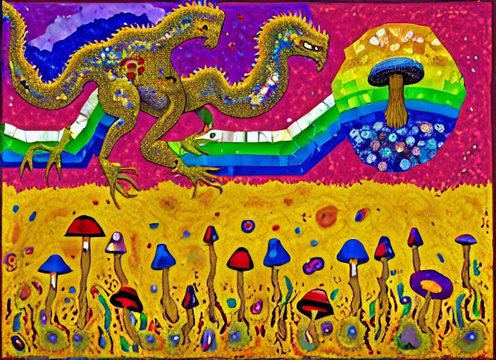 Prompt: expressionistic pixelated decollage painting golden armor alien zombie horseman riding on a crystal bone dragon broken rainbow diamond maggot horse in a blossoming meadow full of colorful mushrooms and golden foil toad blobs in a golden sunset, distant forest horizon, painted by Mark Rothko, Helen Frankenthaler, Danny Fox and Hilma af Klint, graffiti buff, pixel mosaic, semiabstract, color field painting, byzantine art, pop art look, naive, outsider art, very coherent symmetrical artwork. Bekinski painting, part by Philip Guston and Adrian Ghenie, art by George Condo, 8k, extreme detail, intricate detail, masterpiece