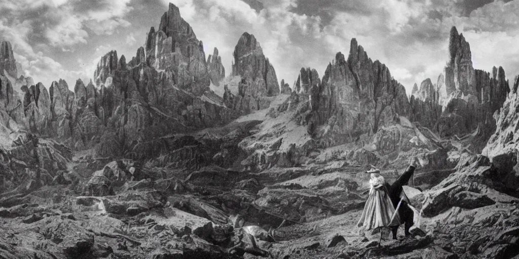 Prompt: 1920s photography of witch burning, dolomites in the background, occult signs, witch burning, pyre, solstice fire, alp, dolomites, alpine, detailed intricate insanely detailed octane render, 8k artistic 1920s photography, photorealistic, black and white, chiaroscuro, hd, by David Cronenberg, Raphael, Caravaggio