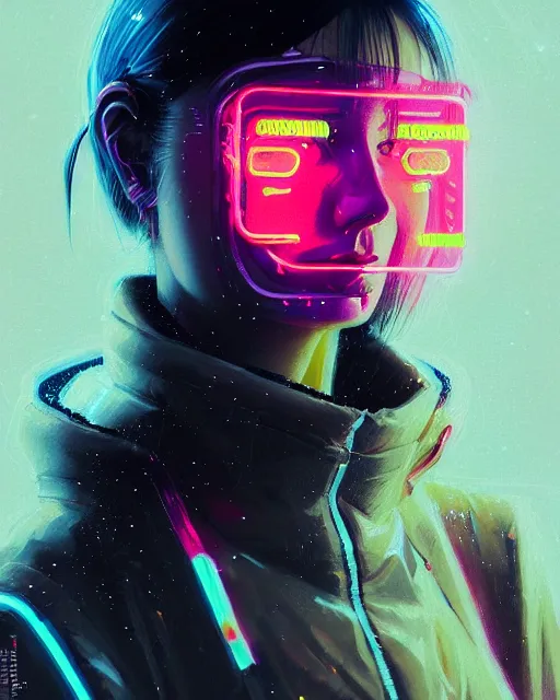 Image similar to detailed portrait Neon Business Girl, cyberpunk futuristic neon, reflective puffy coat, decorated with traditional Japanese ornaments by Ismail inceoglu dragan bibin hans thoma greg rutkowski Alexandros Pyromallis Nekro Rene Maritte Illustrated, Perfect face, fine details, realistic shaded, fine-face, pretty face