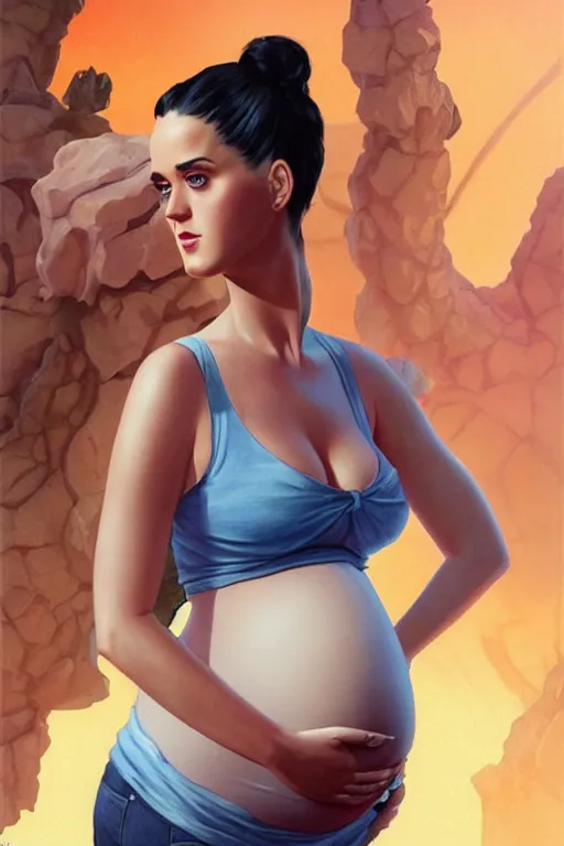 Image similar to pregnant katy perry in a tank top, realistic portrait, symmetrical, highly detailed, digital painting, artstation, concept art, smooth, sharp focus, illustration, cinematic lighting, art by artgerm and greg rutkowski and alphonse mucha