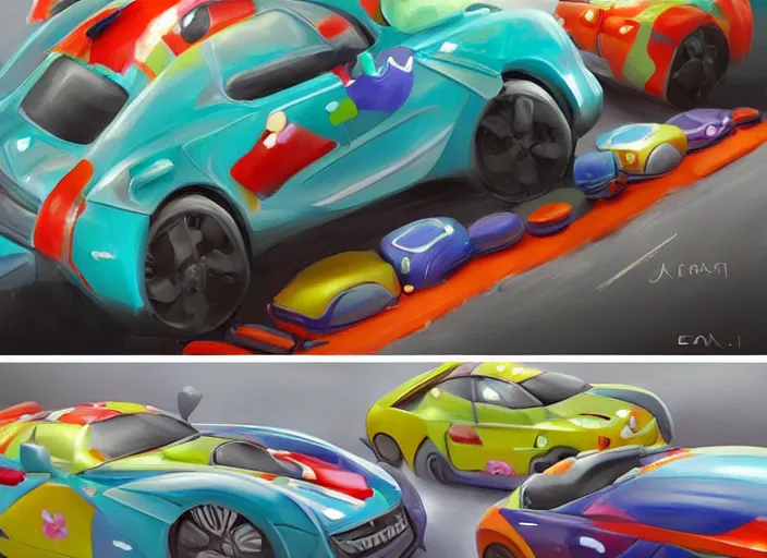 Prompt: concept design of cute candy cars for a aaa game, oil painting by eren arik and jama jurabaev, extremely detailed, brush hard, artstation, high quality, brush stroke