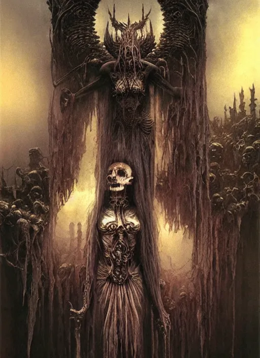 Image similar to majestic dark necromancer queen by Beksinski and Luis Royo