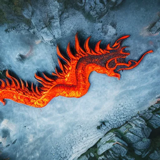 Prompt: shot of a mythological western fantasy dragon bathing in lava, cryptid, unexplained phenomena, drone photography, 8k