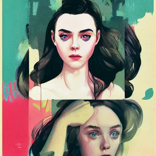 Prompt: elle fanning, lilly collins, scarlett johansson picture by sachin teng and frank frazetta, asymmetrical, dark vibes, realistic painting, organic painting, matte painting, geometric shapes, hard edges, graffiti, street art : 2 by sachin teng : 4