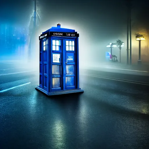 Image similar to a hyperdetailed photograph of the tardis sat on a futuristic street corner, night, dense fog, rain, hd, 8 k resolution