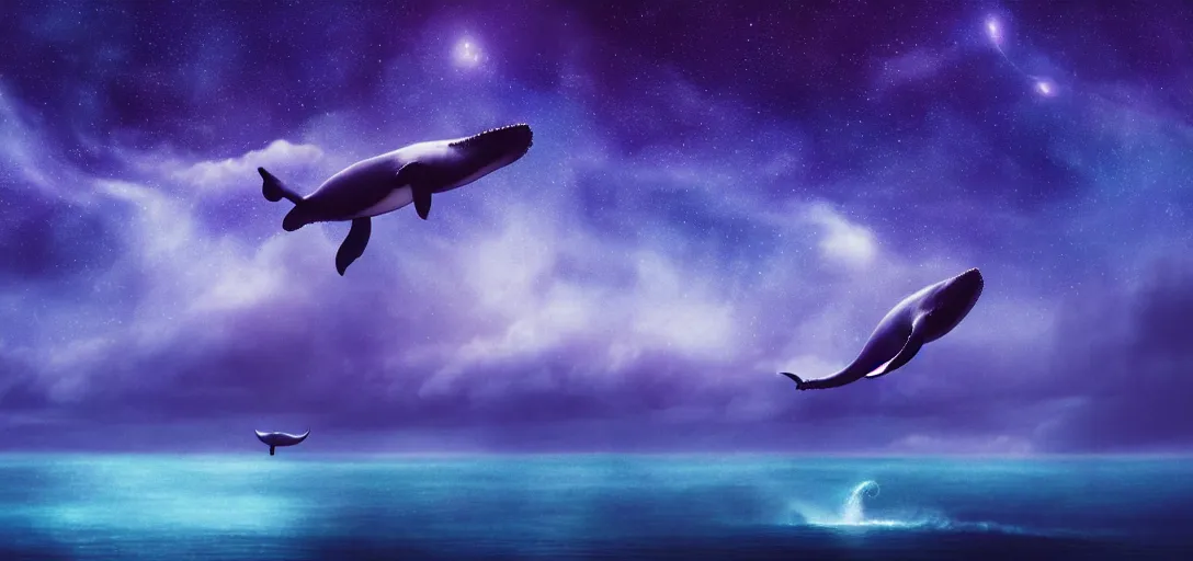 Image similar to an epic wide angle shot of a lonely whale flying above the sea, cosmic starry sky, concept art, purple theme atmospheric lighting by leesha hannigan