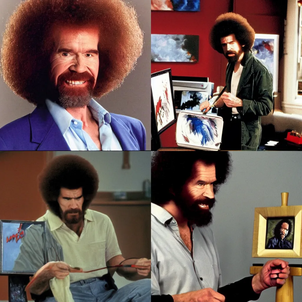 Prompt: Bob Ross painting a picture of Morbius, tv show, 90s,