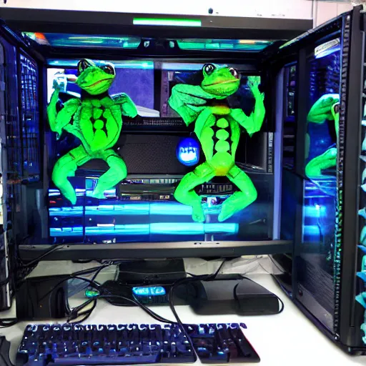 Image similar to terrifying systems administrator mutant turtles building pcs