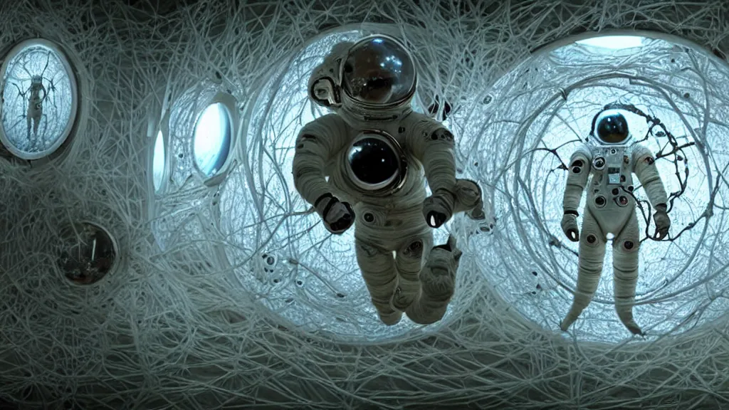 Image similar to a cybernetic symbiosis of a single astronaut eva suit made of wearing knitted yarn thread infected with diamond 3d fractal lace iridescent bubble 3d skin covered with insectoid compound eye camera lenses floats through the living room, film still from the movie directed by Denis Villeneuve with art direction by Salvador Dalí, wide lens,