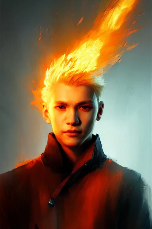 Image similar to character art by ruan jia, young man, blonde hair, on fire, fire powers