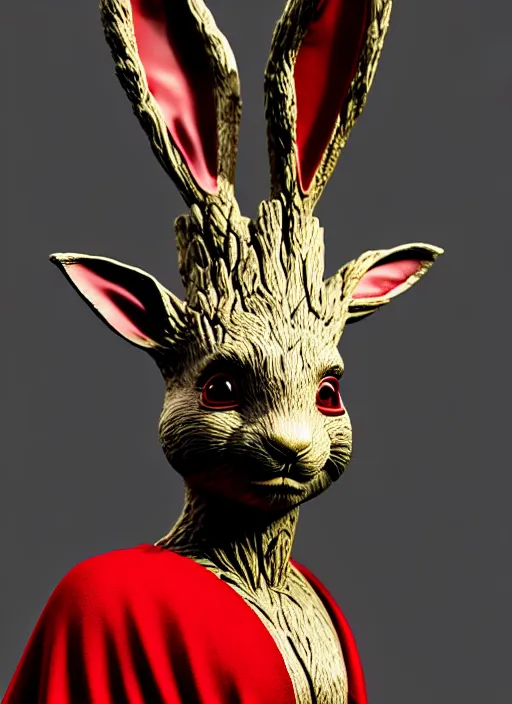 Prompt: rabbit groot as marble statue, red sunglasses, in red background, soft red texture, red realistic 3 d render, high red lights, 4 k, high detailed photography red, 5 0 mm lens, rich red colors, smooth gradients, depth of field, cinematic, superhero cape