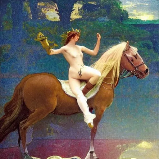 Image similar to Knight girl riding the horse at the palace, refracted sparkles, thunderstorm, greek pool, beach and Tropical vegetation on the background major arcana sky, by paul delaroche, alphonse mucha and arnold böcklin, hyperrealistic 8k, award-winning, very very very detailed