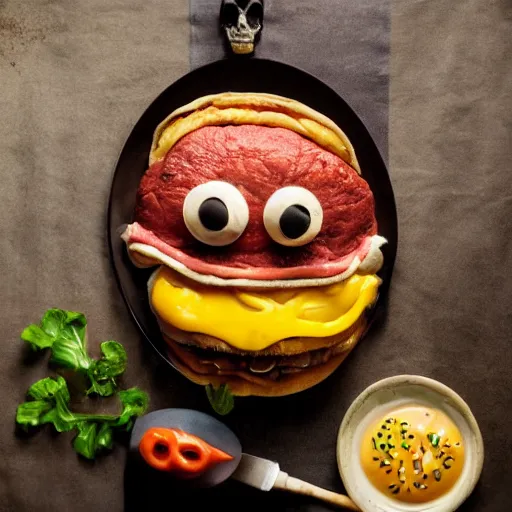 Image similar to a humanoid bipedal upright zombie that strongly resembles a hamburger, professional food photography