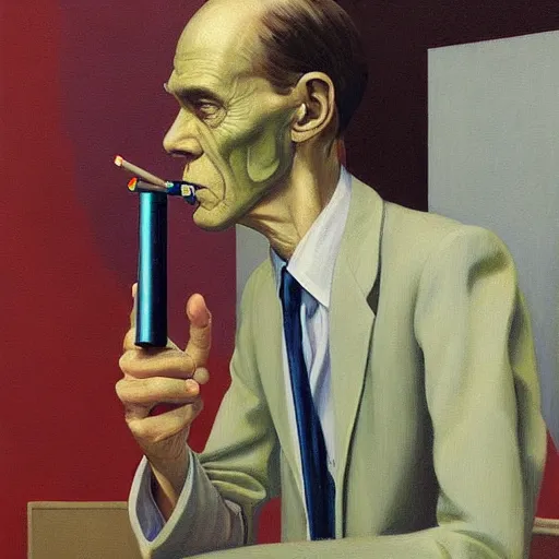 Prompt: Portrait of Dr. Nobody wearing a business suit smoking cigarette , very coherent, painted by Edward Hopper, Wayne Barlowe, painted by James Gilleard, airbrush, art by JamesJean