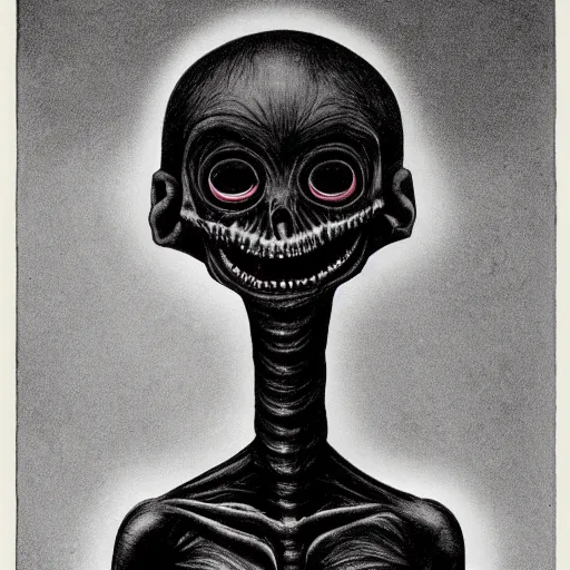 Image similar to humanoid with crooked teeth, two black eyes, long open black mouth, alien looking, big forehead, horrifying, killer, creepy, dead, slightly realistic, long neck, boney, monster, tall, skinny, skullish, deathly, in the style of alfred kubin