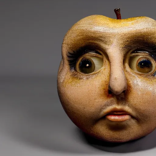 Image similar to a taxidermized apple with a human face, in a museum, 8 5 mm lens, 7 0 mm entrance pupil diameter