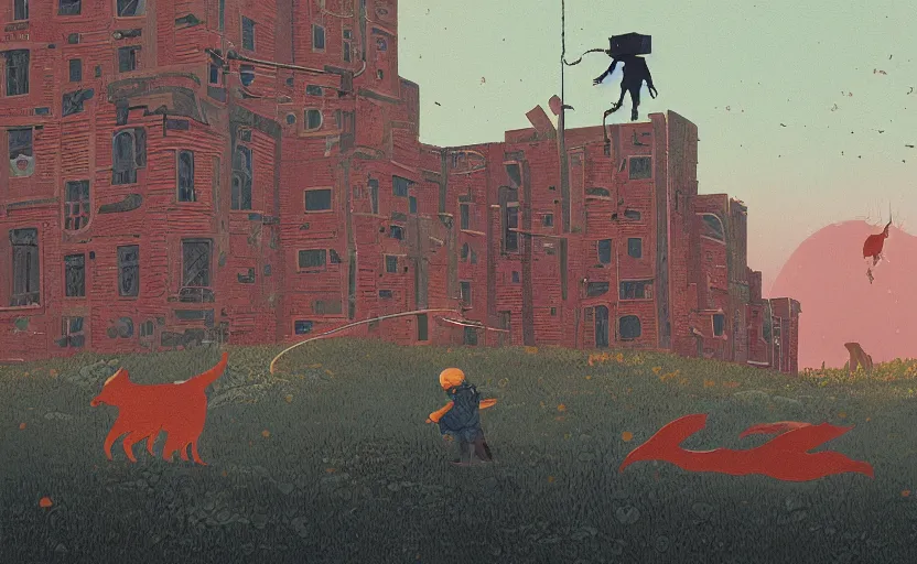 Prompt: a boy fighting a wolf on the edge of a clocktower, by simon stalenhag gouache, print