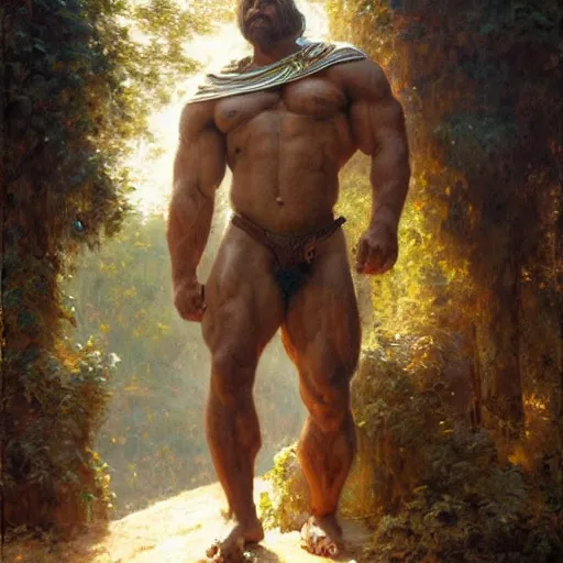 Image similar to handsome portrait of a spartan guy bodybuilder posing, translucence, radiant light, lush surroundings, by gaston bussiere, bayard wu, greg rutkowski, giger, maxim verehin