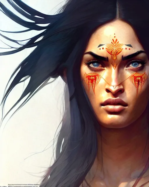 Image similar to indian warrior, megan fox, detailed perfect face, exquisite details, nose piercing!!, fire magic, mid view, design on a white background, by studio muti, greg rutkowski makoto shinkai takashi takeuchi studio ghibli