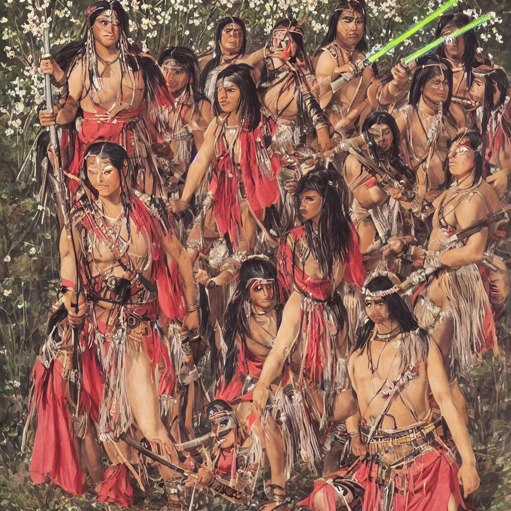 Prompt: full body portrait of Iroquois warrior princess souronded with the Indian crowd of fighters in fighting poses , she holds light saber and looks directly into the camera, blossoming sakura leafs falls into the river, beautiful symmetrical face, big eyes, big lips, ornamental semi transparent robes, native rich jewelry