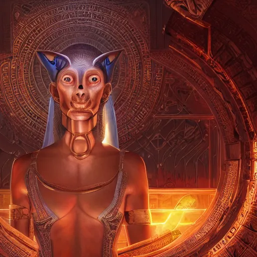 Image similar to highly detailed portrait of sekhmet the egyptian goddess, intricate alien technology, stephen bliss, unreal engine, fantasy art by greg rutkowski, loish, rhads, ferdinand knab, makoto shinkai and lois van baarle, ilya kuvshinov, rossdraws, tom bagshaw, global illumination, radiant light, detailed and intricate environment