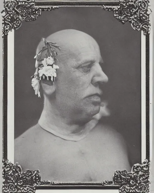 Image similar to a beautiful detailed front view portrait of homer simpson with baroque ornate growing around, flowers, plants, ornamentation, elegant, beautifully soft and dramatic lit, 1 9 1 0 polaroid photo