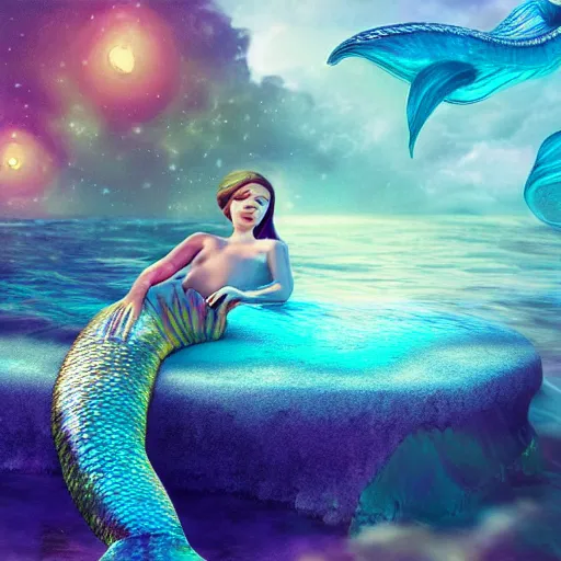 Prompt: mermaid dreaming masterpiece digital art, redshift render, hyperrealistic,