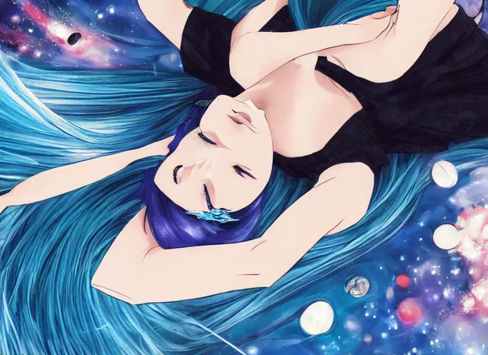 Prompt: a woman with blue hair laying on the ground with her head down, a detailed painting by rei kamoi, featured on pixiv, space art, official art, anime, toonami