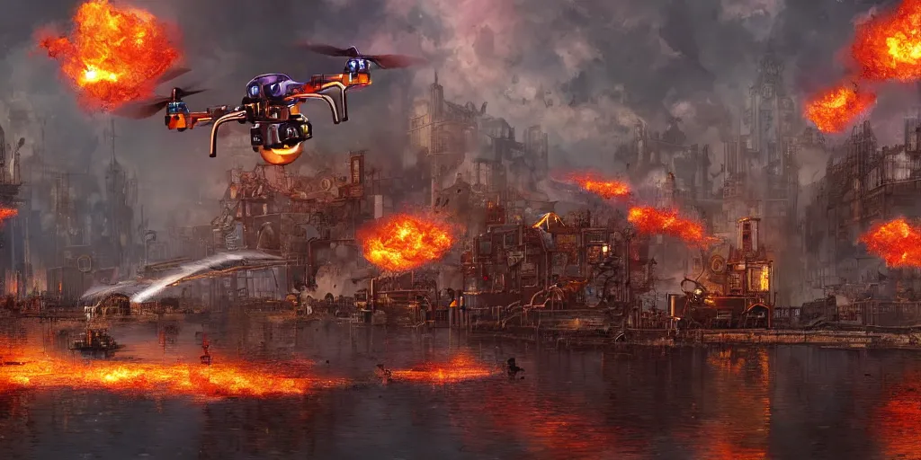 Prompt: steampunk drones blasting water on city in flames, digital art, artstation, concept art