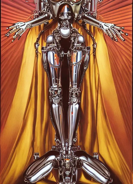 Prompt: Robotic beautiful oracle woman in silk golden robes posing in front of a science facility painted by Hajime Sorayama and Alberto Vargas, robotic bones , moebius, giger, mucha , tarot, dramatic lighting