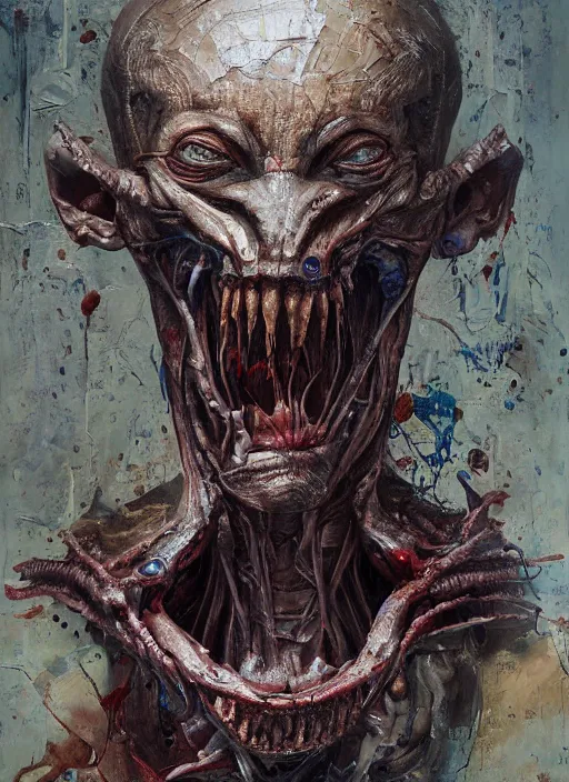 Prompt: highly detailed and textured painting of a deformed anatomical portrait alien with dead eyes huge mouth no, emotionally expressive, highly detailed oil painting, impasto brush strokes, soft light, 8 k, cyberpunk colour palette, dramatic composition, dramatic lighting, sharp focus, masterpiece by adrian ghenie and jenny saville and zhang jingna