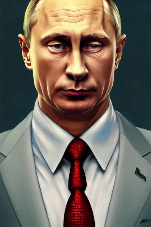 Image similar to vladimir putin as homer simpson, realistic portrait, symmetrical, highly detailed, digital painting, artstation, concept art, smooth, sharp focus, illustration, cinematic lighting, art by artgerm and greg rutkowski and alphonse mucha