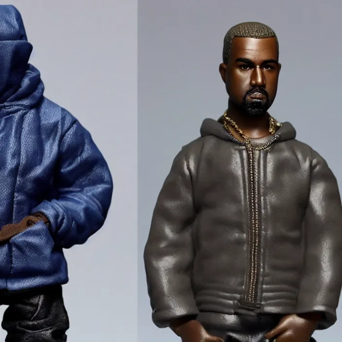 Image similar to a hot toys figure of kanye west using full face - covering cloth. a small, tight, undersized reflective bright blue round puffer jacket made of nylon. a black shirt underneath. dark jeans pants. a pair of big black rubber boots, figurine, detailed product photo